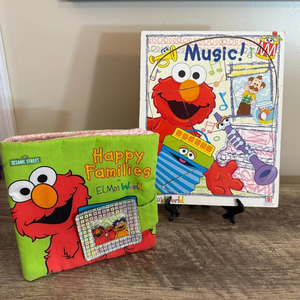 Vintage Y2K Sesame Street Elmo’s World Music Puzzle & Happy Families Cloth Book